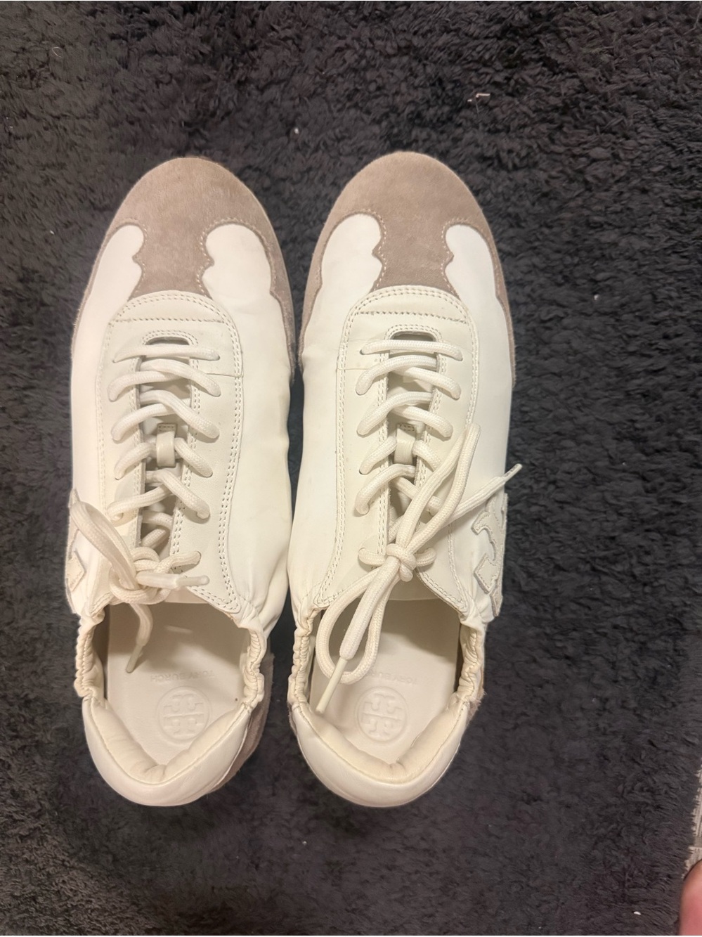Tory Burch White Leather Sneakers with Taupe Suede Toe